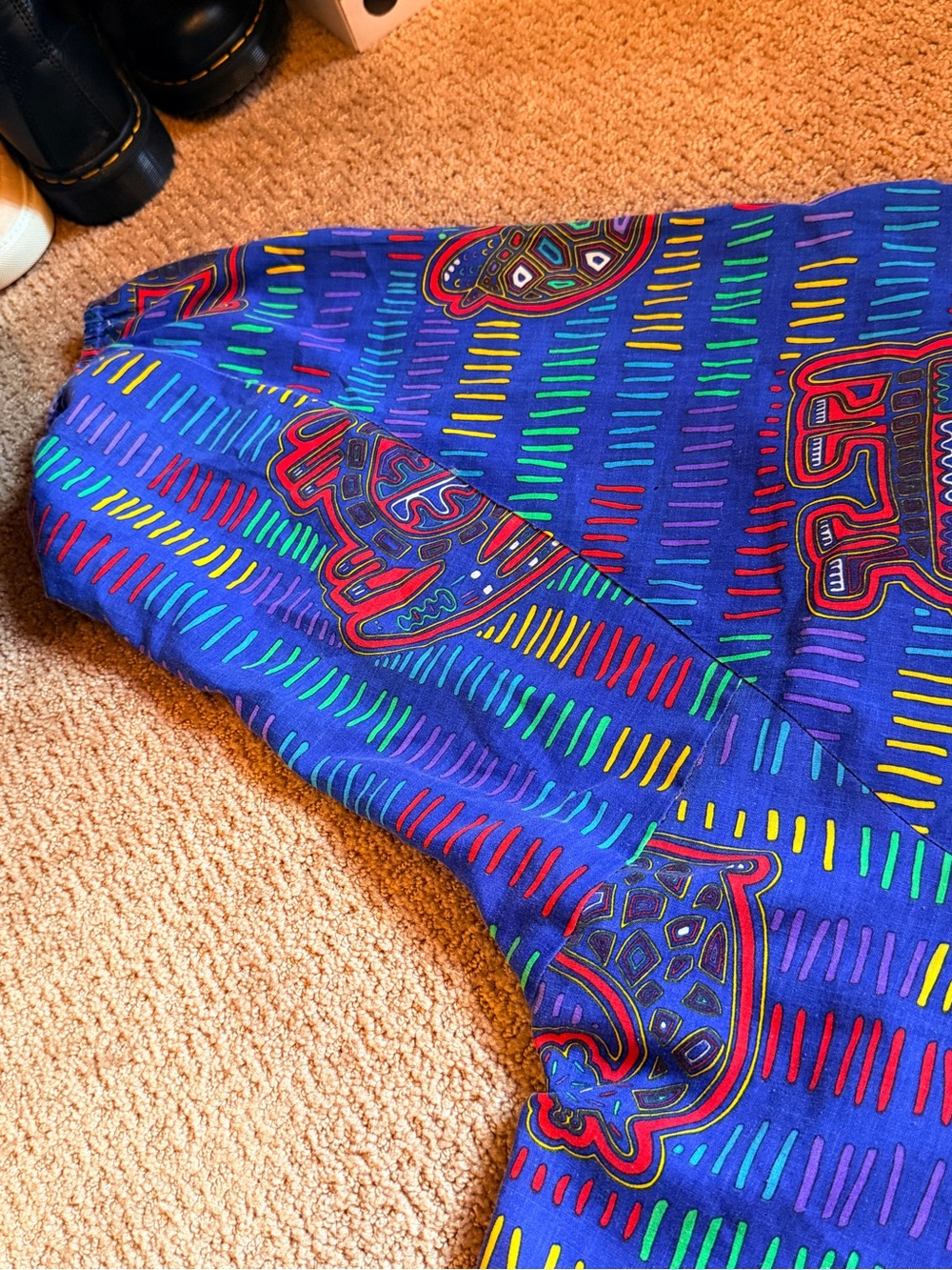 Vintage Bright Blue and Colorful Patterned Button-Up Shirt with Bat Wings - Picture 7 of 15